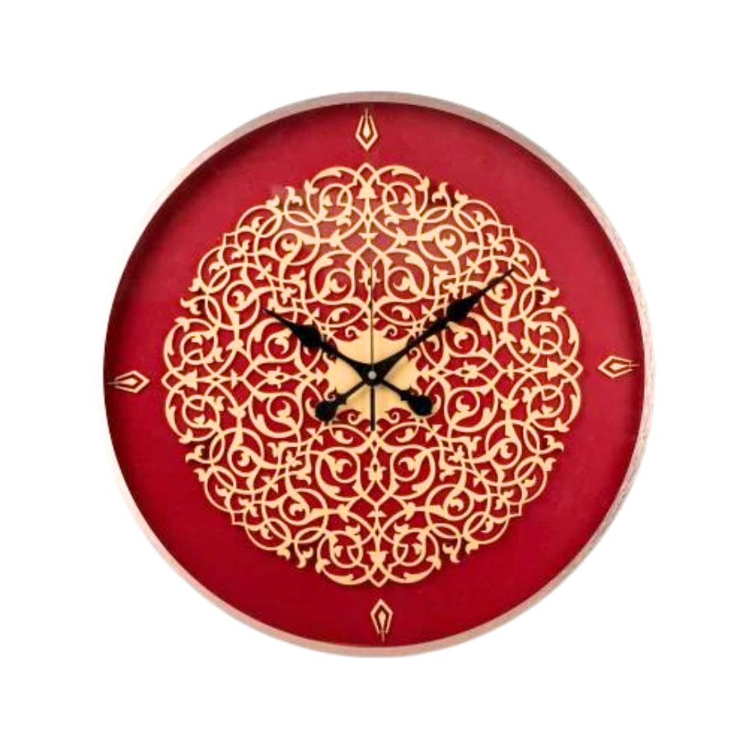 Maroon analog wall clock with intricate gold design. 18 inches, minimalist style for home or office.