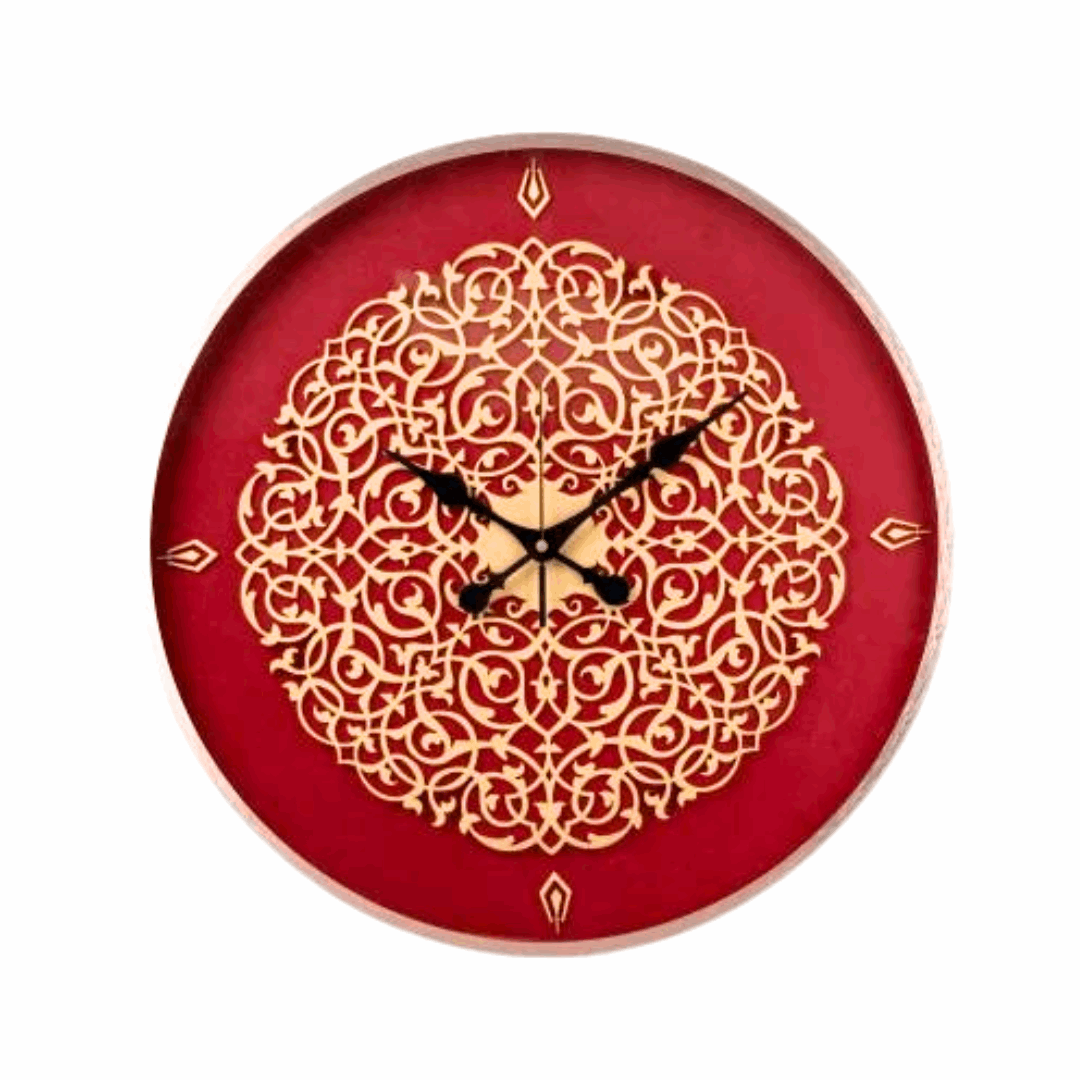 Maroon analog wall clock with intricate gold design. 18 inches, minimalist style for home or office.