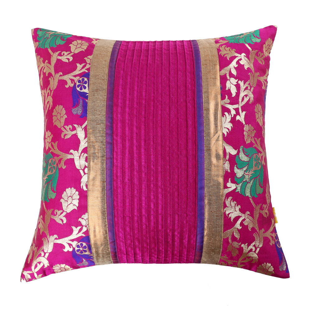 Pink & Gold Brocade Cushion Cover Set of 2, Solid Pintucked Design with Contrast Piping, Stylish Home Accents, Discreet Zipper Covers for Sofa and Bedding (16"x16")