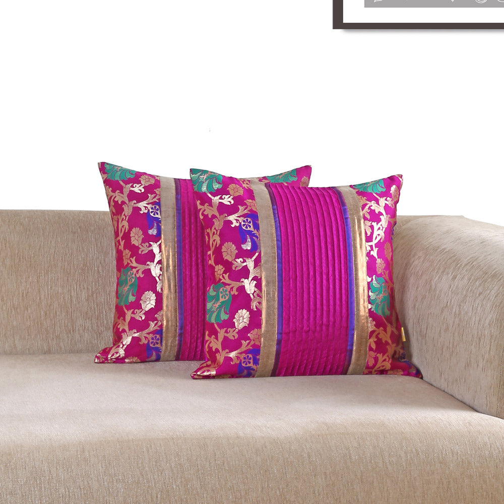 Pink & Gold Brocade Cushion Cover Set of 2, Solid Pintucked Design with Contrast Piping, Stylish Home Accents, Discreet Zipper Covers for Sofa and Bedding (16"x16")