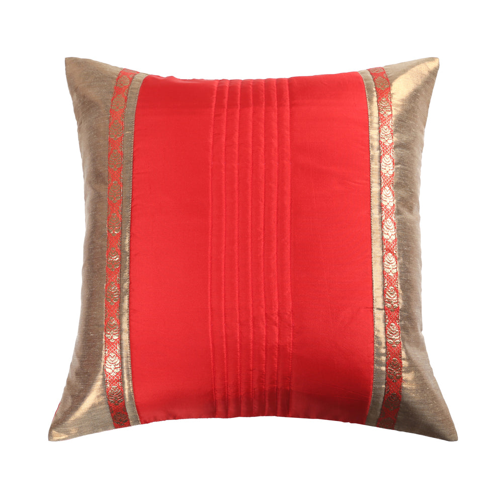 Red Quilted Cushion Cover Set of 2, Jacquard Pintucked with Shimmer Highlights, Gold Side Panels, Hidden Zipper Covers, Stylish Home Accessories (16"x16")