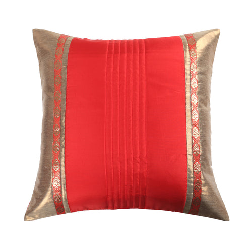 Red Quilted Cushion Cover Set of 2, Jacquard Pintucked with Shimmer Highlights, Gold Side Panels, Hidden Zipper Covers, Stylish Home Accessories (16