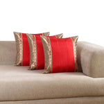 Red Quilted Cushion Cover Set of 3, Jacquard Pintucked with Shimmer Highlights, Gold Side Panels, Discreet Zipper Covers, Chic Decorative Pillows for Living Room (16"x16")