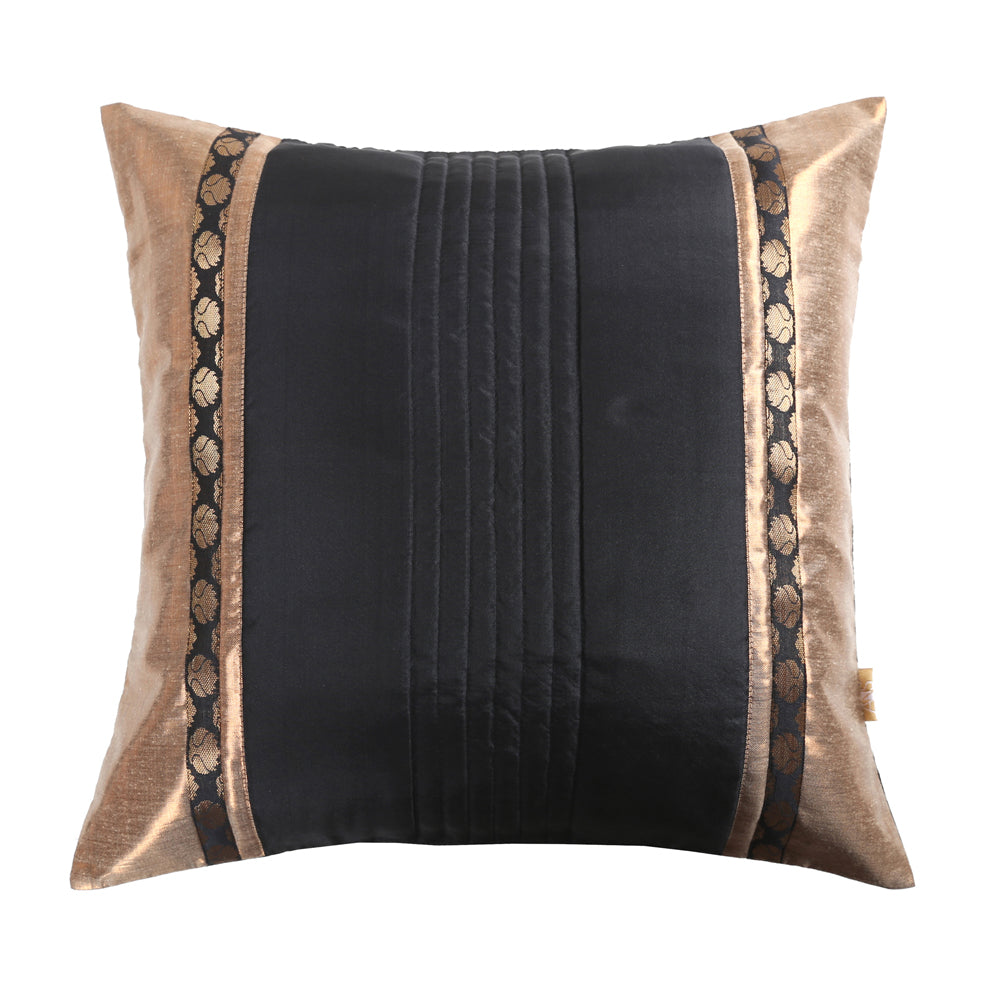 Black Quilted Cushion Cover Set of 2, Jacquard Pintucked with Shimmer Highlights, Elegant Gold Side Panels and Hidden Closure Covers, Decorative Home Accent Pillows (16"x16")