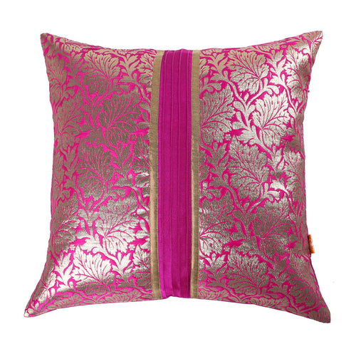 Pink Brocade Cushion Cover, Set of 2 pcs, Pink with Pintucks and Gold Highlights, Hidden Closure, Decorative Accent Covers (16