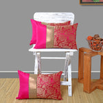 Fuschia Jacquard Cushion Cover, Set of 3 pcs, Fuschia with Broad Gold Colour Blocking, Hidden Closure, Elegant Decorative Cushions (16"x16")