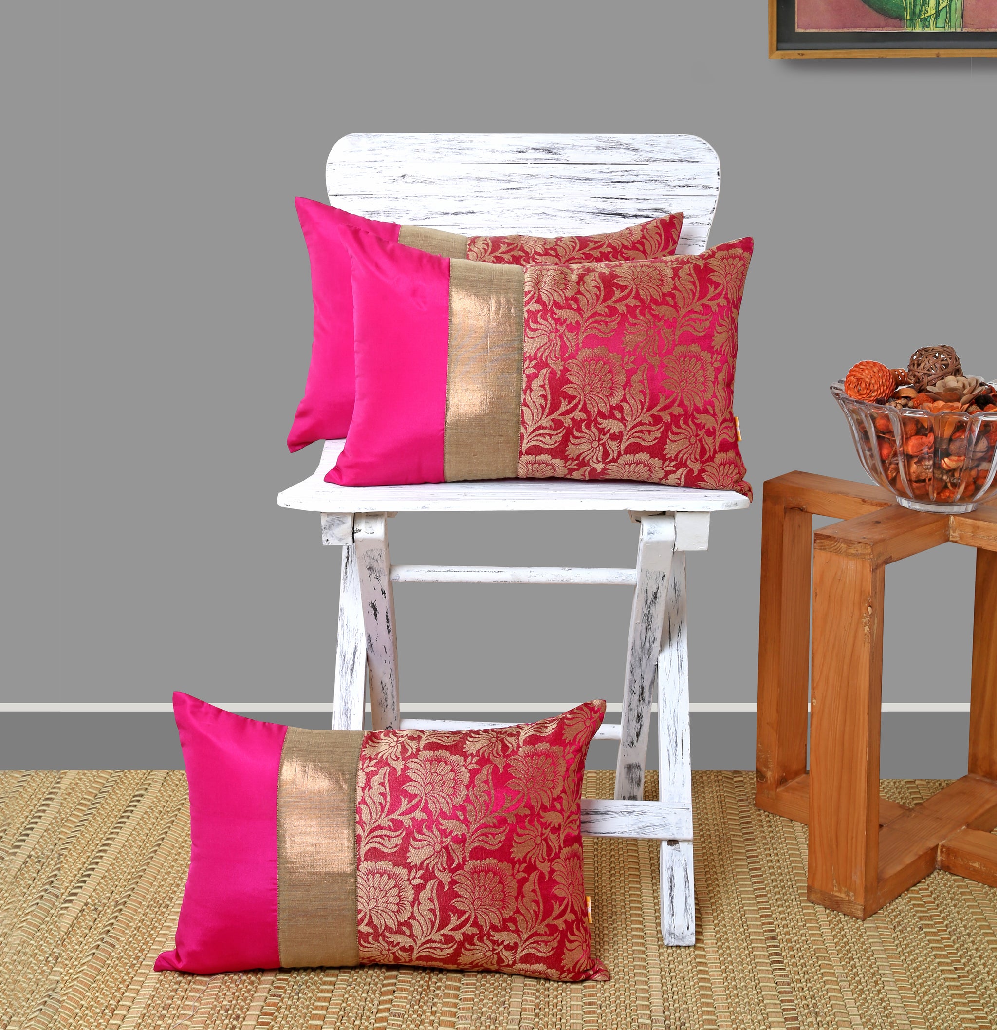 Fuschia Jacquard Cushion Cover, Set of 3 pcs, Fuschia with Broad Gold Colour Blocking, Hidden Closure, Elegant Decorative Cushions (16"x16")