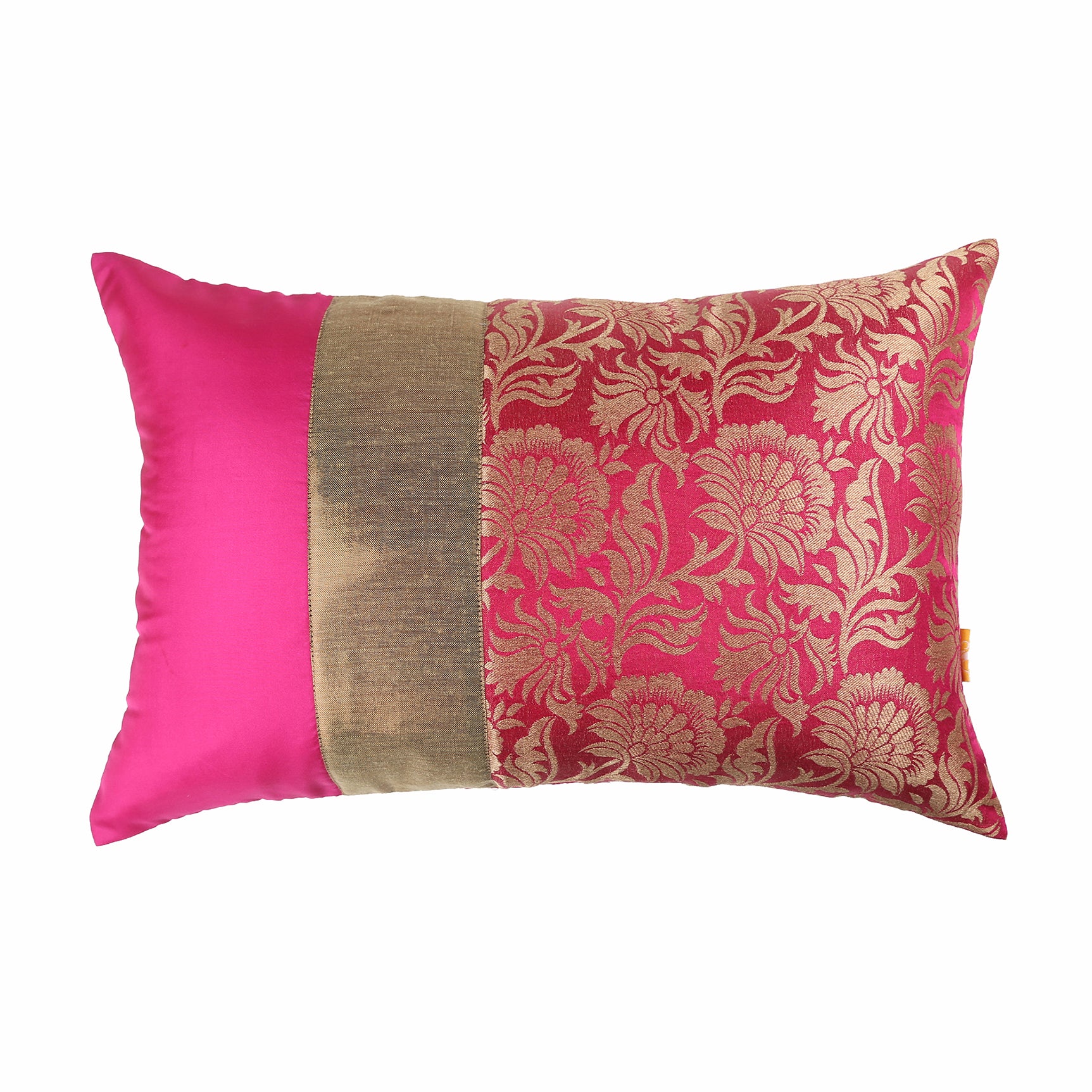 Fuschia Jacquard Cushion Cover, Set of 3 pcs, Fuschia with Broad Gold Colour Blocking, Hidden Closure, Elegant Decorative Cushions (16"x16")