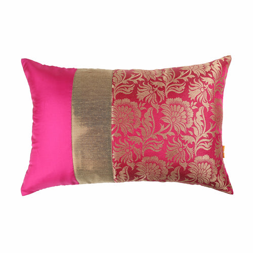 Fuschia Jacquard Cushion Cover, Set of 3 pcs, Fuschia with Broad Gold Colour Blocking, Hidden Closure, Elegant Decorative Cushions (16