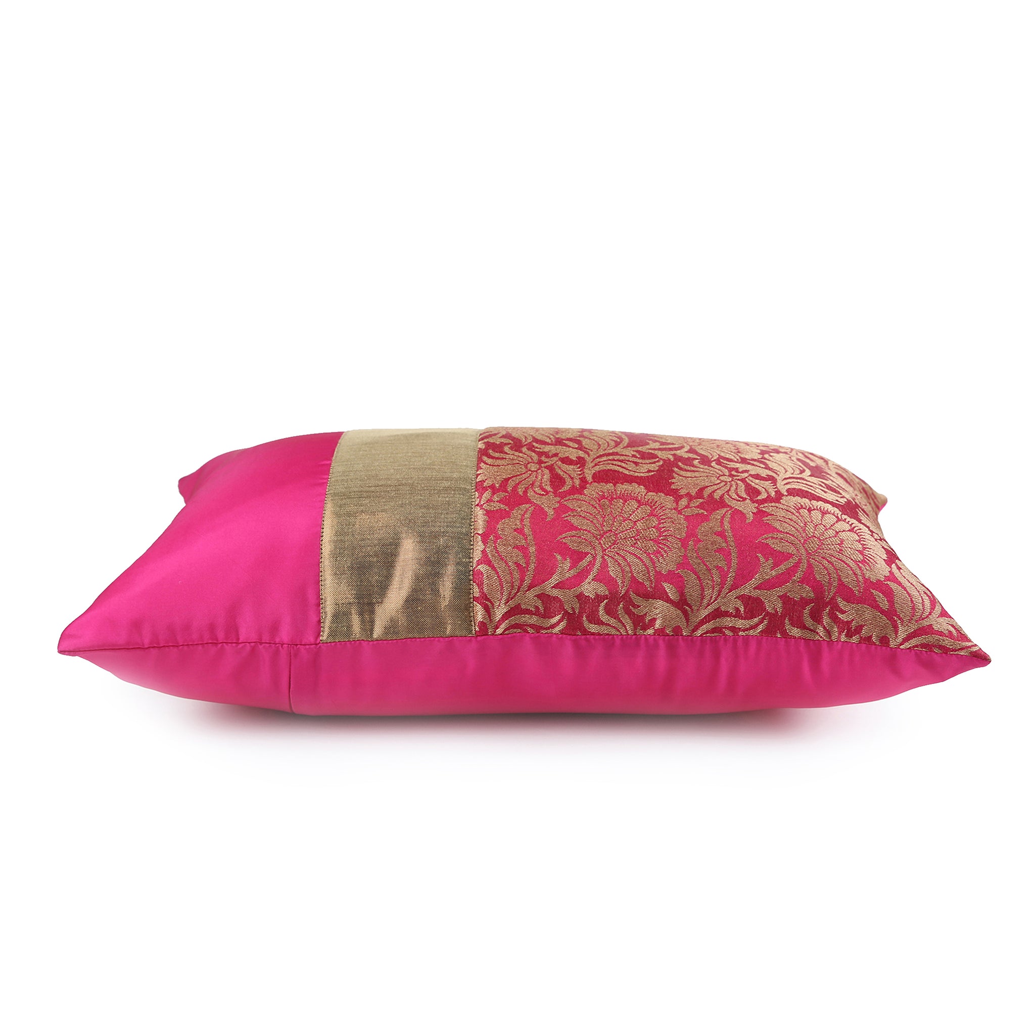 Fuschia Jacquard Cushion Cover, Set of 3 pcs, Fuschia with Broad Gold Colour Blocking, Hidden Closure, Elegant Decorative Cushions (16"x16")