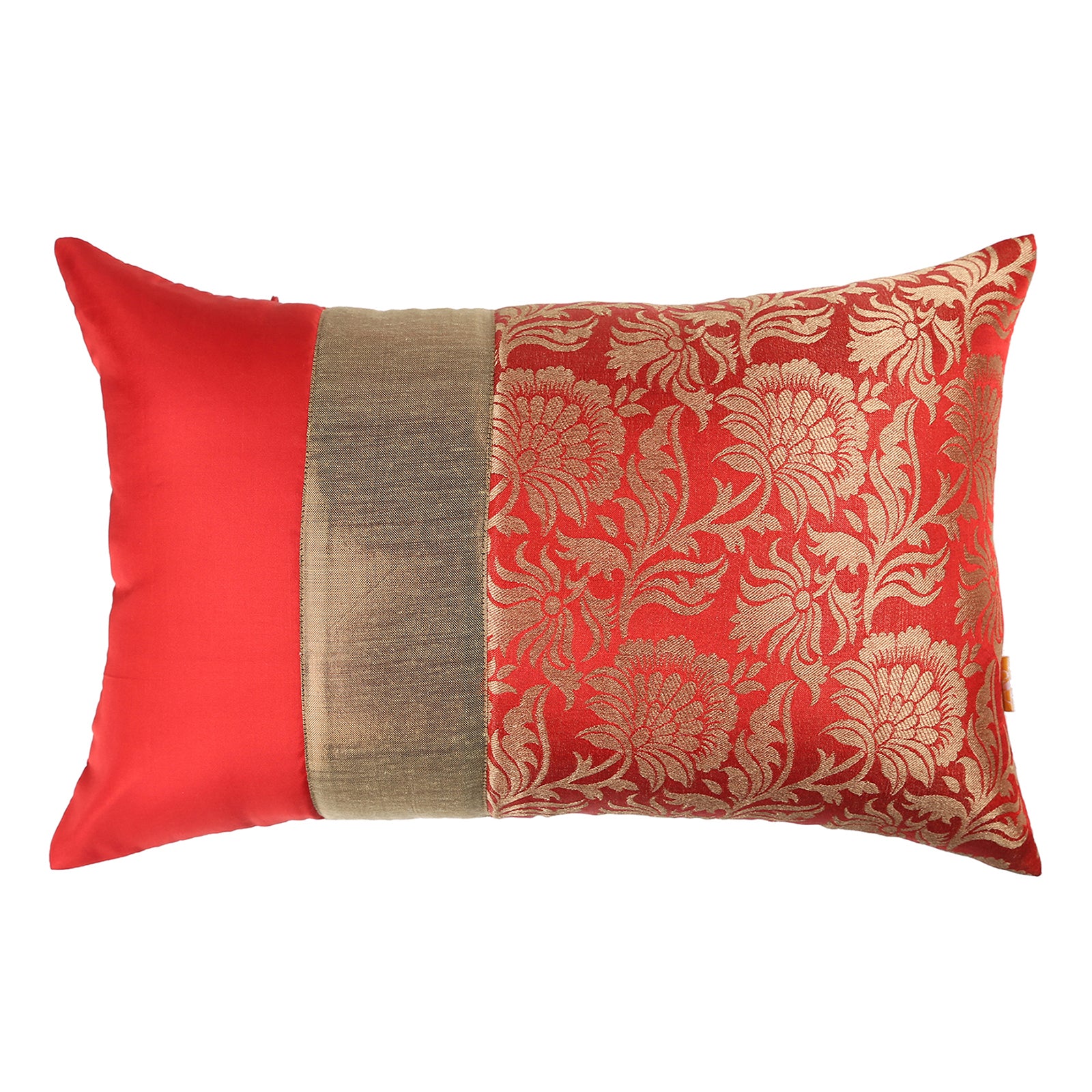 Red Jacquard Cushion Cover, Set of 3 pcs Red with Broad Gold Colour Blocking, Hidden Closure, Vibrant Home Accent Covers (16"x16")