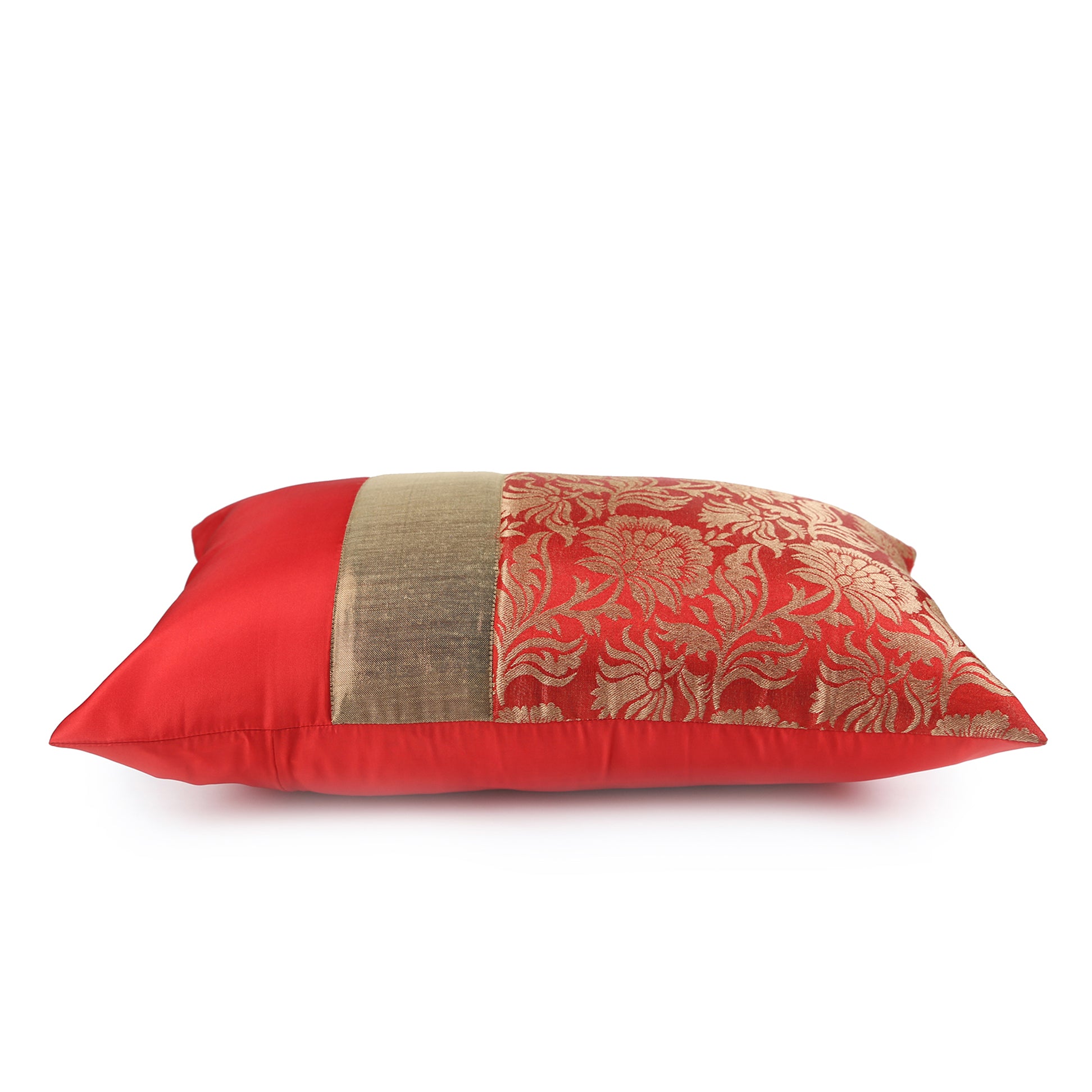 Red Jacquard Cushion Cover, Set of 3 pcs Red with Broad Gold Colour Blocking, Hidden Closure, Vibrant Home Accent Covers (16"x16")