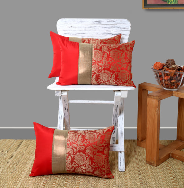 Red Jacquard Cushion Cover, Set of 3 pcs Red with Broad Gold Colour Blocking, Hidden Closure, Vibrant Home Accent Covers (16