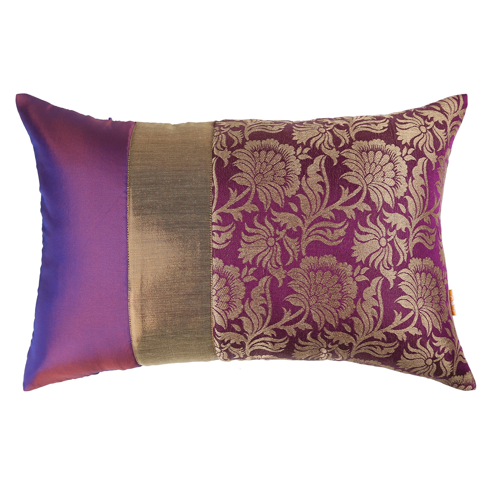 Violet Jacquard Cushion Cover, Set of 3 pcs, Violet with Broad Gold Colour Blocking, Hidden Closure, Luxurious Home Cushions (16"x16")