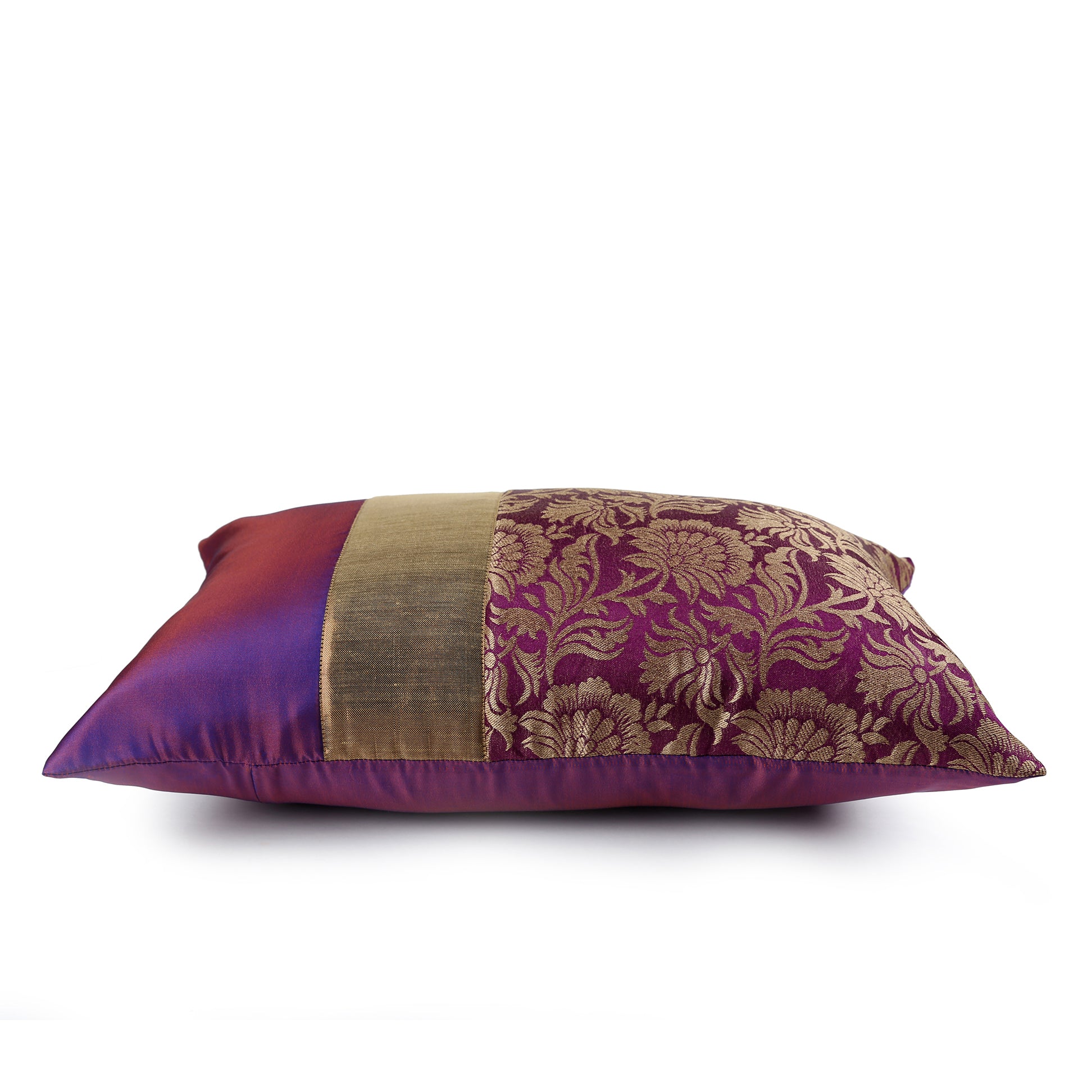 Violet Jacquard Cushion Cover, Set of 3 pcs, Violet with Broad Gold Colour Blocking, Hidden Closure, Luxurious Home Cushions (16"x16")