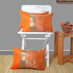 Orange Jacquard Cushion Cover, Set of 3 pcs, Orange with Broad Gold Colour Blocking, Hidden Closure, Modern Decorative Cushions (16"x16")