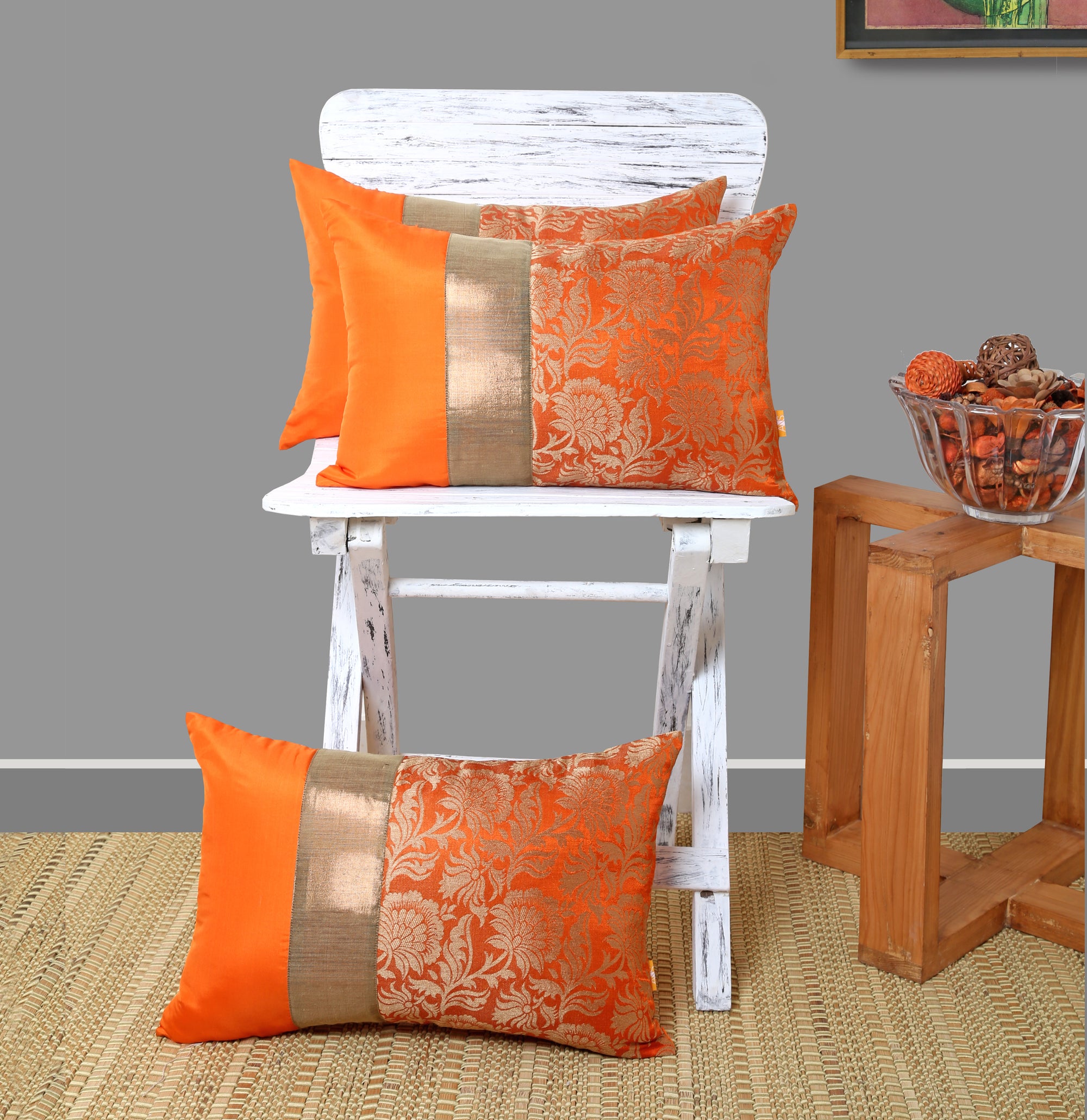 Orange Jacquard Cushion Cover, Set of 3 pcs, Orange with Broad Gold Colour Blocking, Hidden Closure, Modern Decorative Cushions (16"x16")