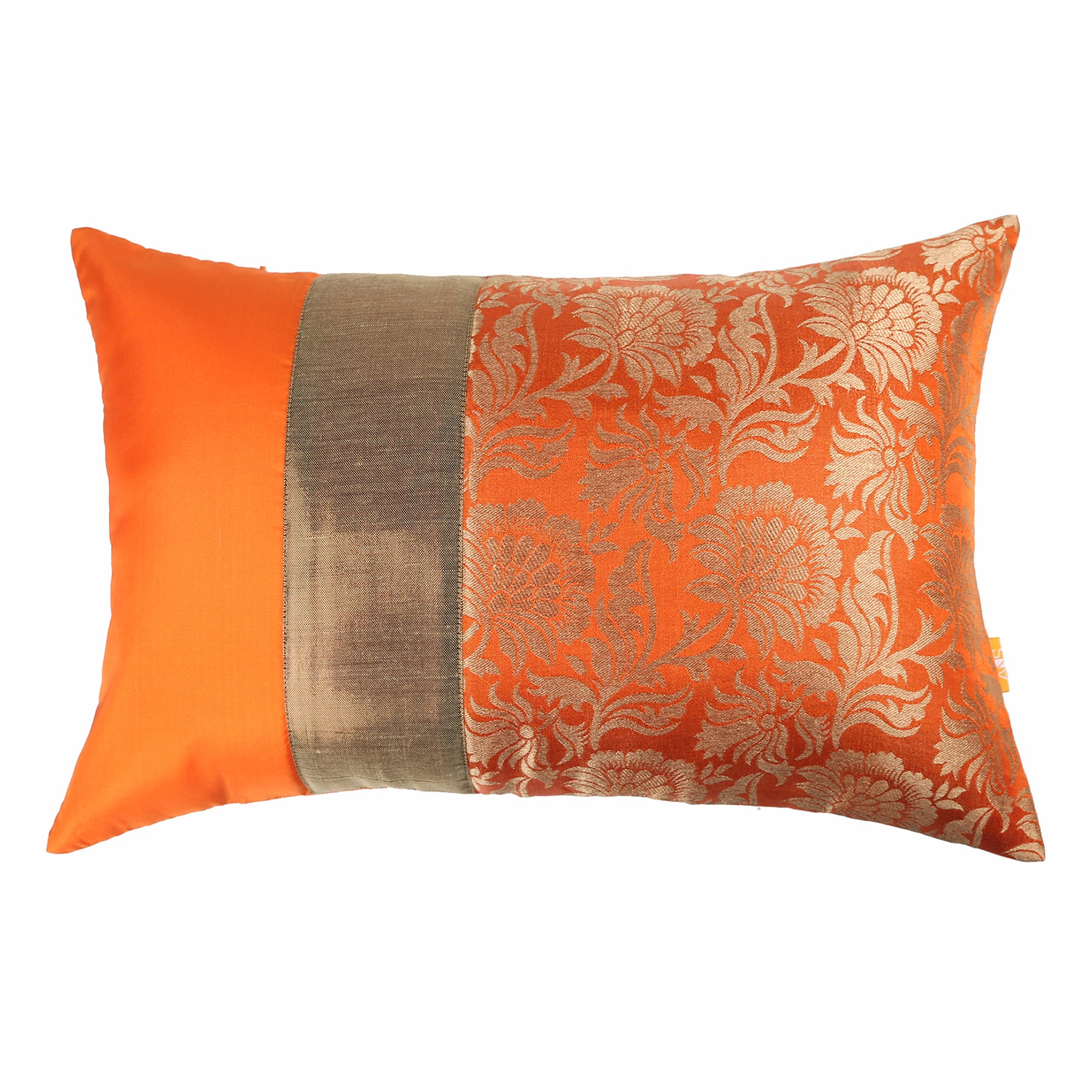 Orange Jacquard Cushion Cover, Set of 3 pcs, Orange with Broad Gold Colour Blocking, Hidden Closure, Modern Decorative Cushions (16"x16")