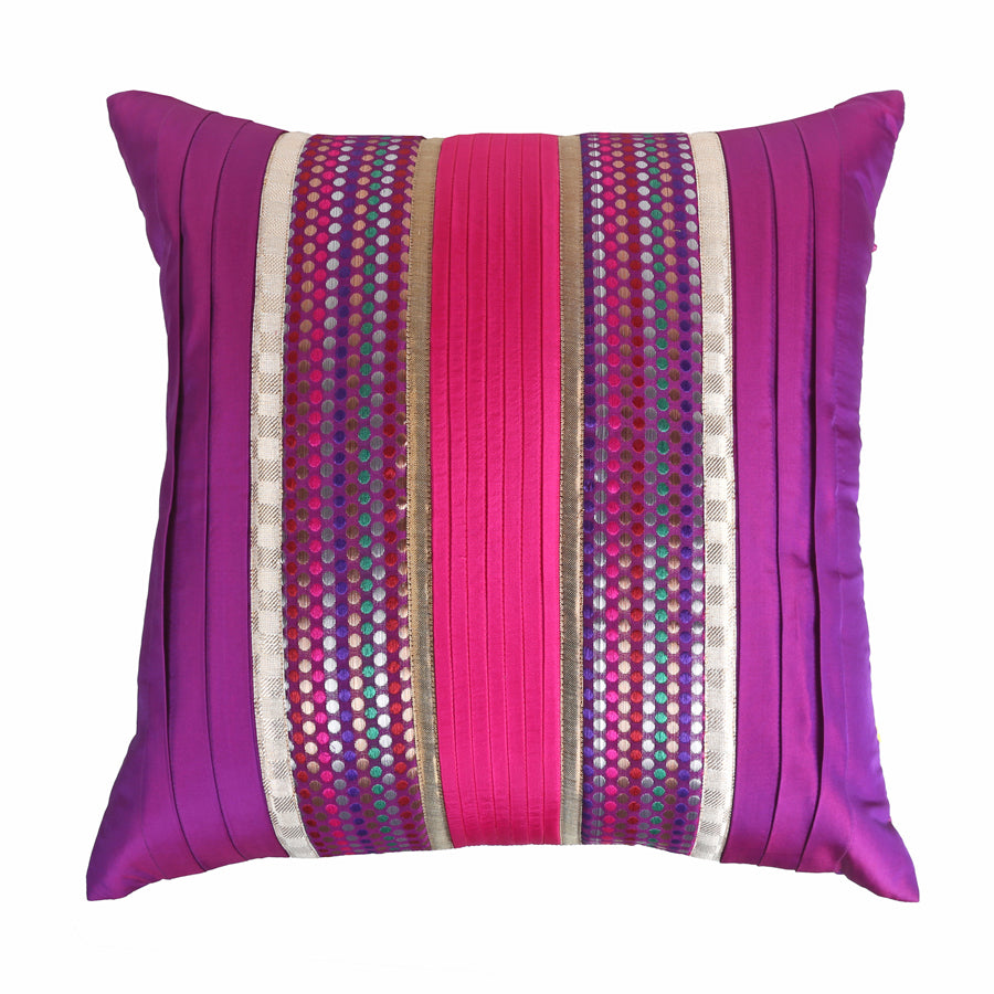 Purple Multicolour Brocade Cushion Cover Set of 2, Pleated Design with Contrast Piping, Elegant Decorative Pillow Covers, Hidden Zipper Covers for Sofas and Chairs (16"x16")