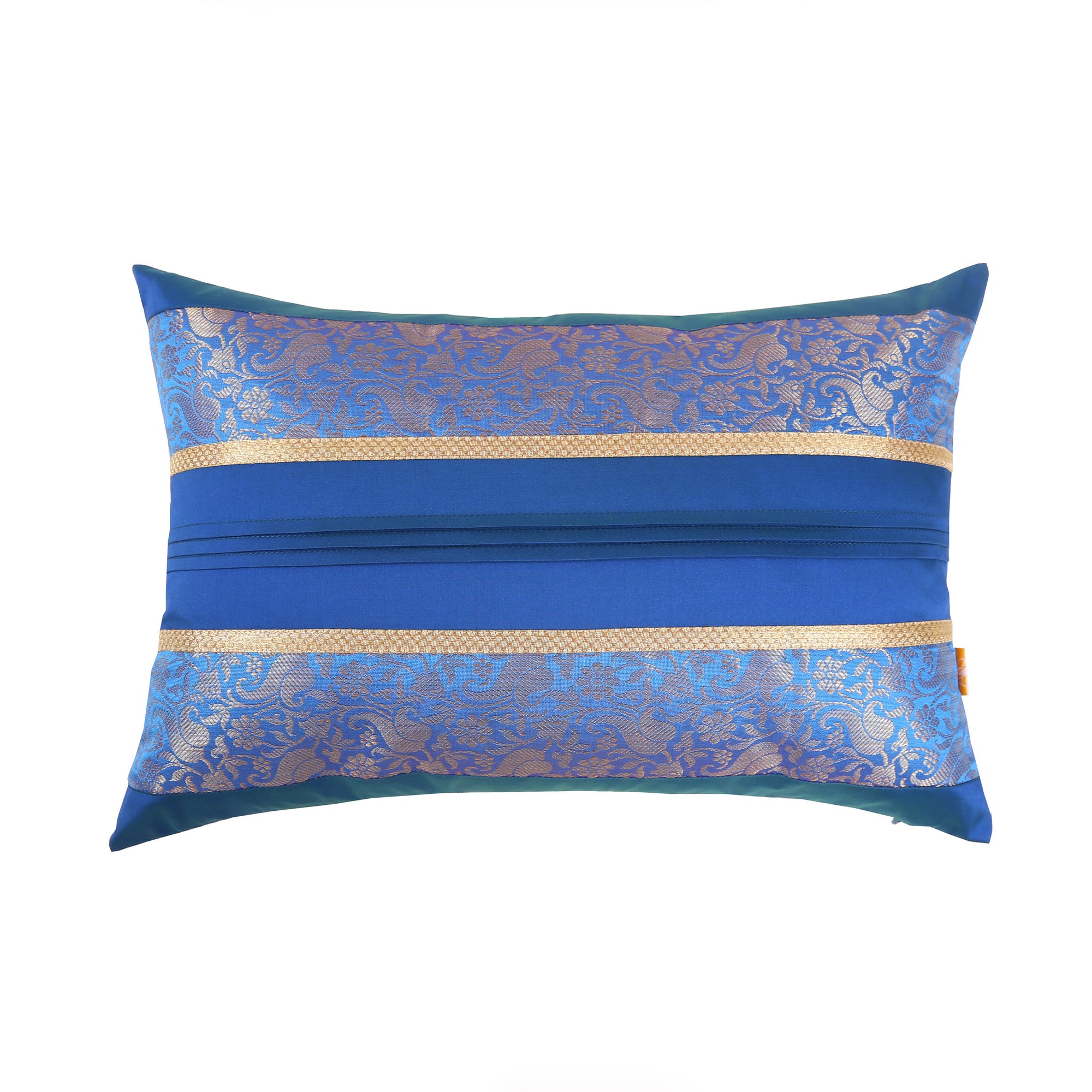 Blue Foliage Brocade Cushion Cover with Pleats, Set of 2 pcs, Blue Brocade with Pleats and Gold Highlights, Hidden Closure, Luxurious Decorative Covers (12"x18")