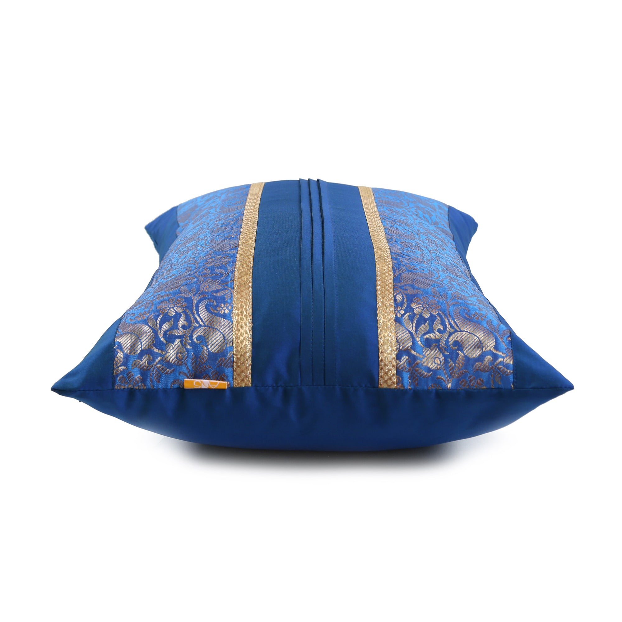 Blue Foliage Brocade Cushion Cover with Pleats, Set of 2 pcs, Blue Brocade with Pleats and Gold Highlights, Hidden Closure, Luxurious Decorative Covers (12"x18")