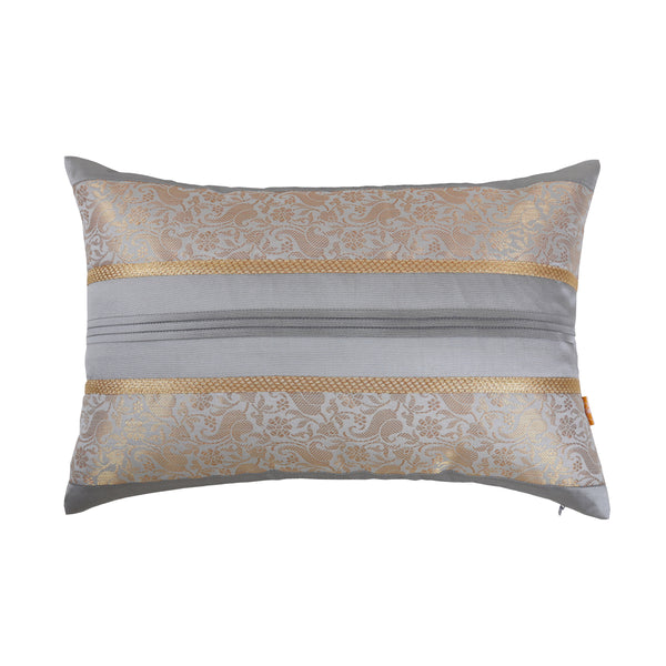 Grey Foliage Brocade Cushion Cover with Pleats ,Set of 2 pcs, Grey Brocade with Pleats and Gold Highlights, Hidden Closure, Chic Cushion Covers (12