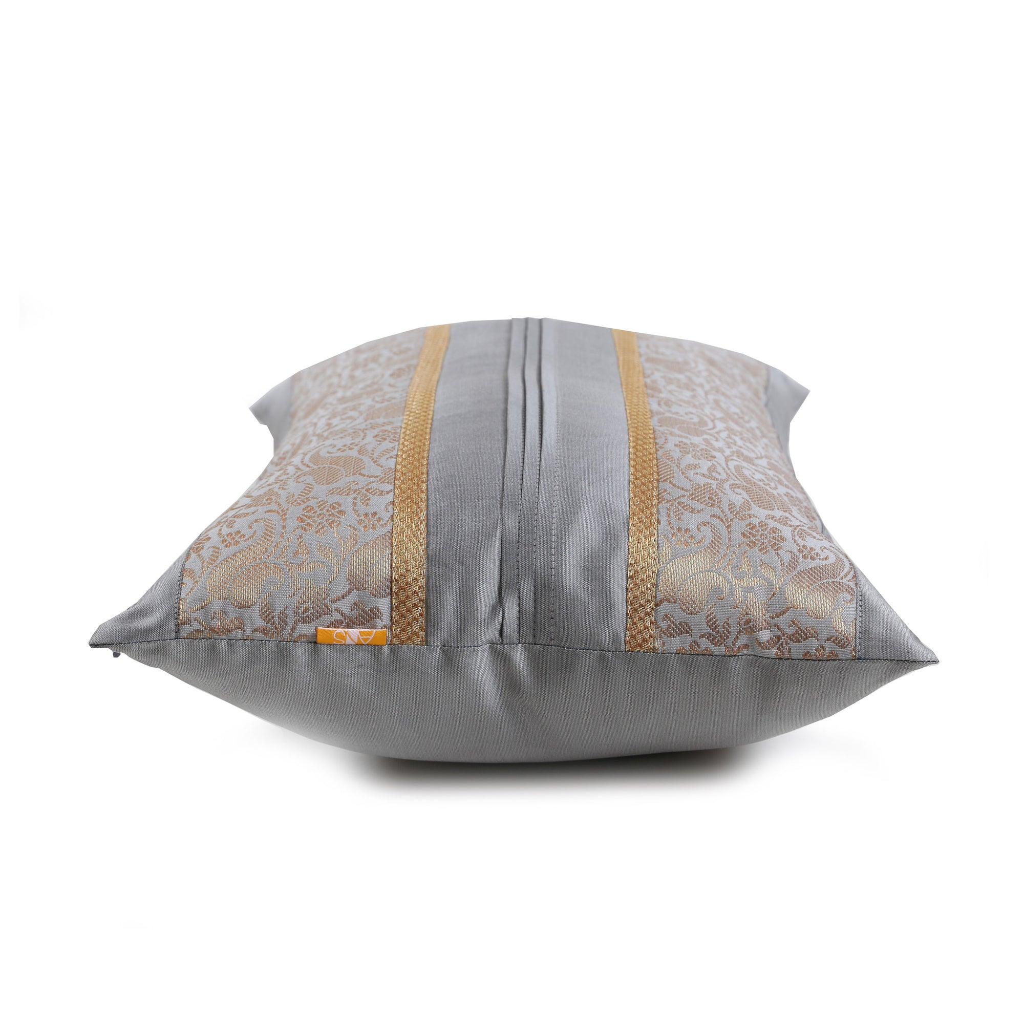 Grey & Blue Foliage Brocade Cushion Cover with Pleats, Grey & Blue Brocade with Pleats and Gold Highlights, Hidden Closure, Premium Accent Cushions (12"x18")