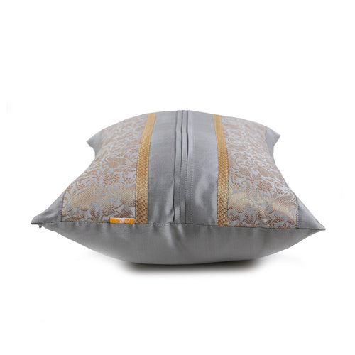 Grey & Blue Foliage Brocade Cushion Cover with Pleats, Grey & Blue Brocade with Pleats and Gold Highlights, Hidden Closure, Premium Accent Cushions (12