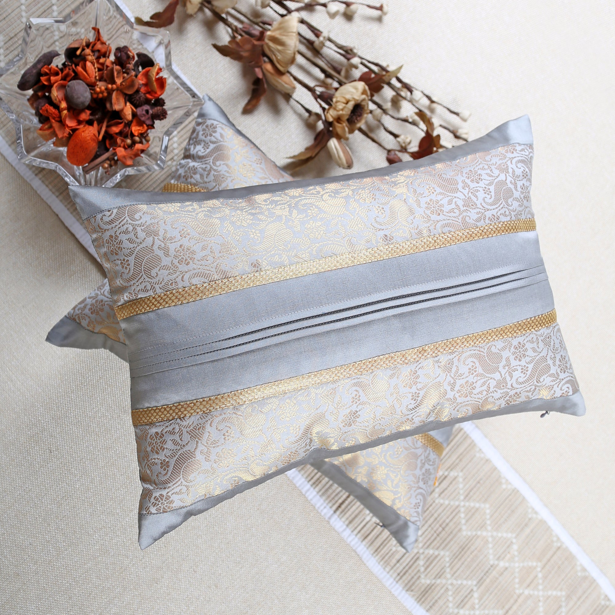 Grey Foliage Brocade Cushion Cover with Pleats ,Set of 2 pcs, Grey Brocade with Pleats and Gold Highlights, Hidden Closure, Chic Cushion Covers (12"x18")