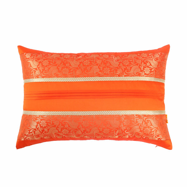 Orange Foliage Brocade Cushion Cover with Pleats, Set of 2 pcs, Orange Brocade with Pleats and Gold Highlights, Hidden Closure, Elegant Home Decor Covers (12