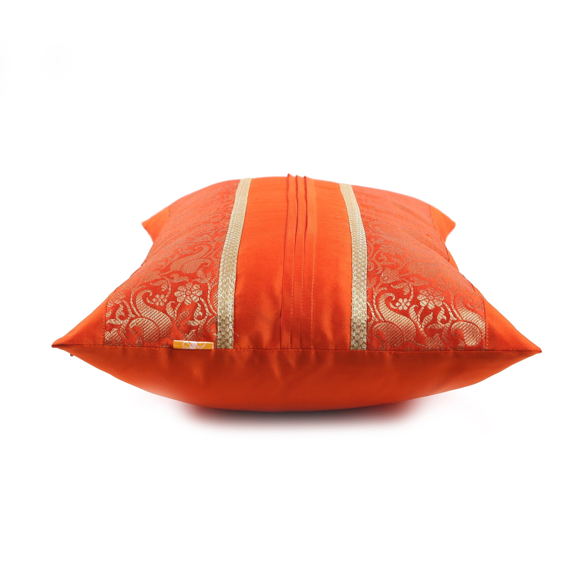 Orange Foliage Brocade Cushion Cover with Pleats, Set of 2 pcs, Orange Brocade with Pleats and Gold Highlights, Hidden Closure, Elegant Home Decor Covers (12"x18")