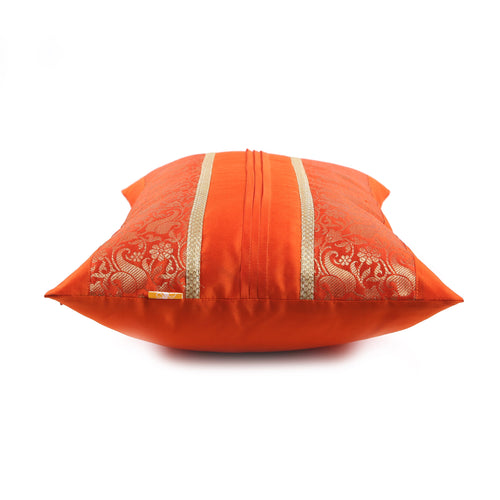 Red & Orange Foliage Brocade Cushion Cover with Pleats, Red & Orange Brocade with Pleats and Gold Highlights, Hidden Closure, Stylish Decorative Cushions (12