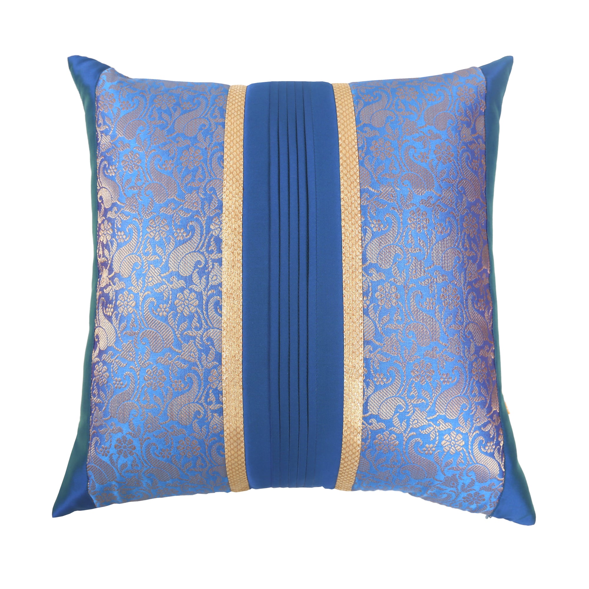 Blue Foliage Brocade Cushion Cover with Pleats, Set of 2 pcs, Blue Brocade with Pleats and Gold Highlights, Hidden Closure, Luxurious Throw Cushions (16"x16")