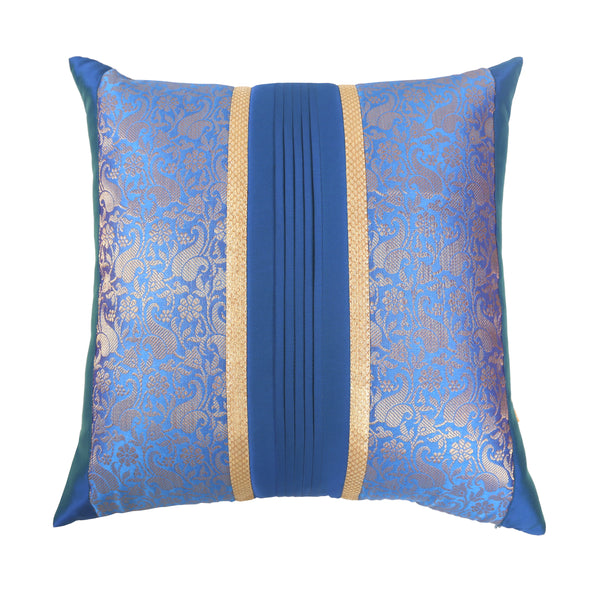 Blue Foliage Brocade Cushion Cover with Pleats, Set of 2 pcs, Blue Brocade with Pleats and Gold Highlights, Hidden Closure, Luxurious Throw Cushions (16