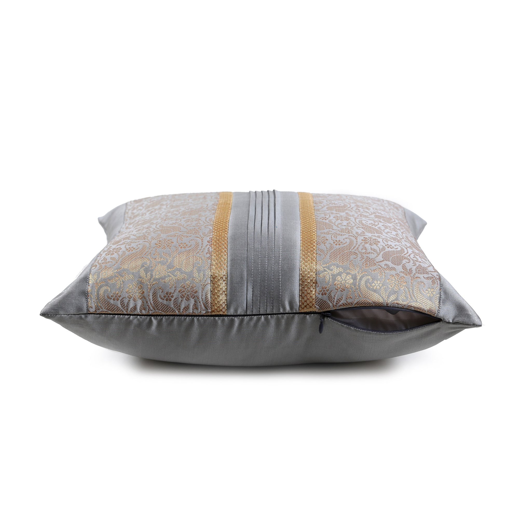 Grey Foliage Brocade Cushion Cover with Pleats, Set of 2 pcs, Grey Brocade with Pleats and Gold Highlights, Hidden Closure, Trendy Home Decor Cushions (16"x16")