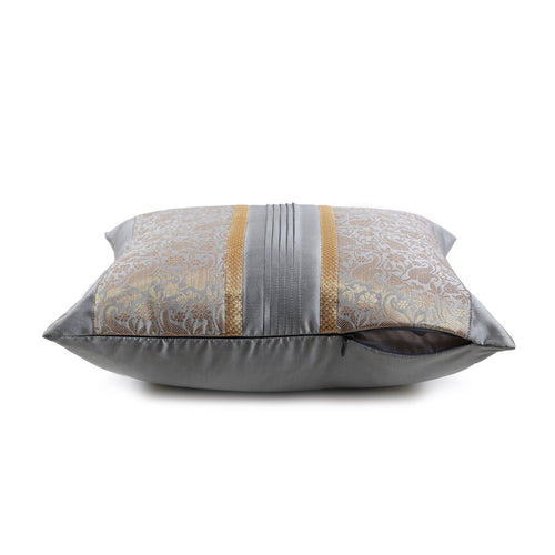 Grey & Blue Foliage Brocade Cushion Cover with Pleats, Grey & Blue Brocade with Pleats and Gold Highlights, Hidden Closure, Elegant Decorative Covers (16