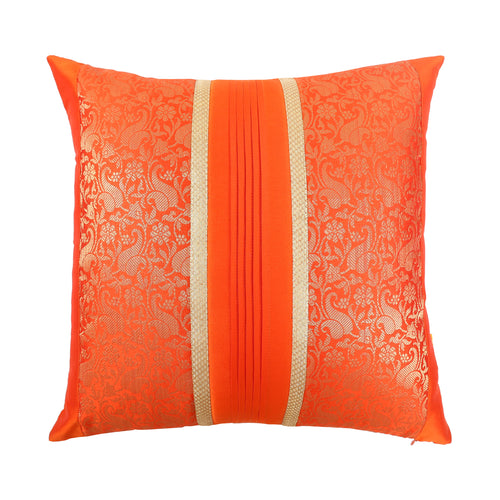 Red & Orange Foliage Brocade Cushion Cover with Pleats, Red & Orange Brocade with Pleats and Gold Highlights, Hidden Closure, Stylish Decorative Cushions (16