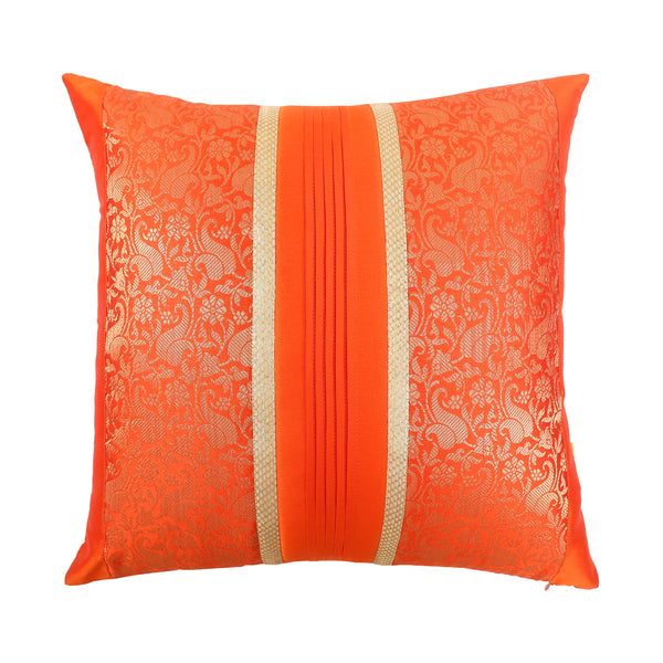 Red & Orange Foliage Brocade Cushion Cover with Pleats, Red & Orange Brocade with Pleats and Gold Highlights, Hidden Closure, Stylish Decorative Cushions (16