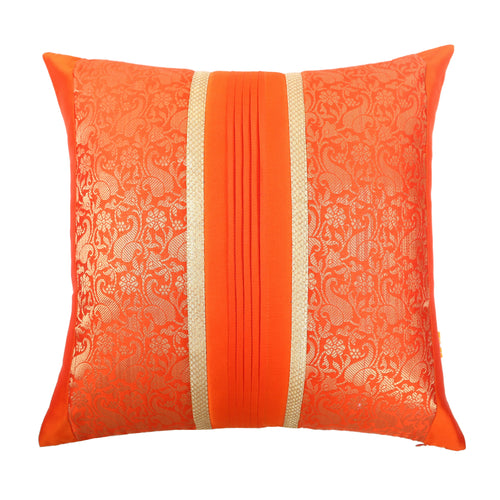 Orange Foliage Brocade Cushion Cover with Pleats, Set of 2 pcs, Orange Brocade with Pleats and Gold Highlights, Hidden Closure, Elegant Accent Pillows (16