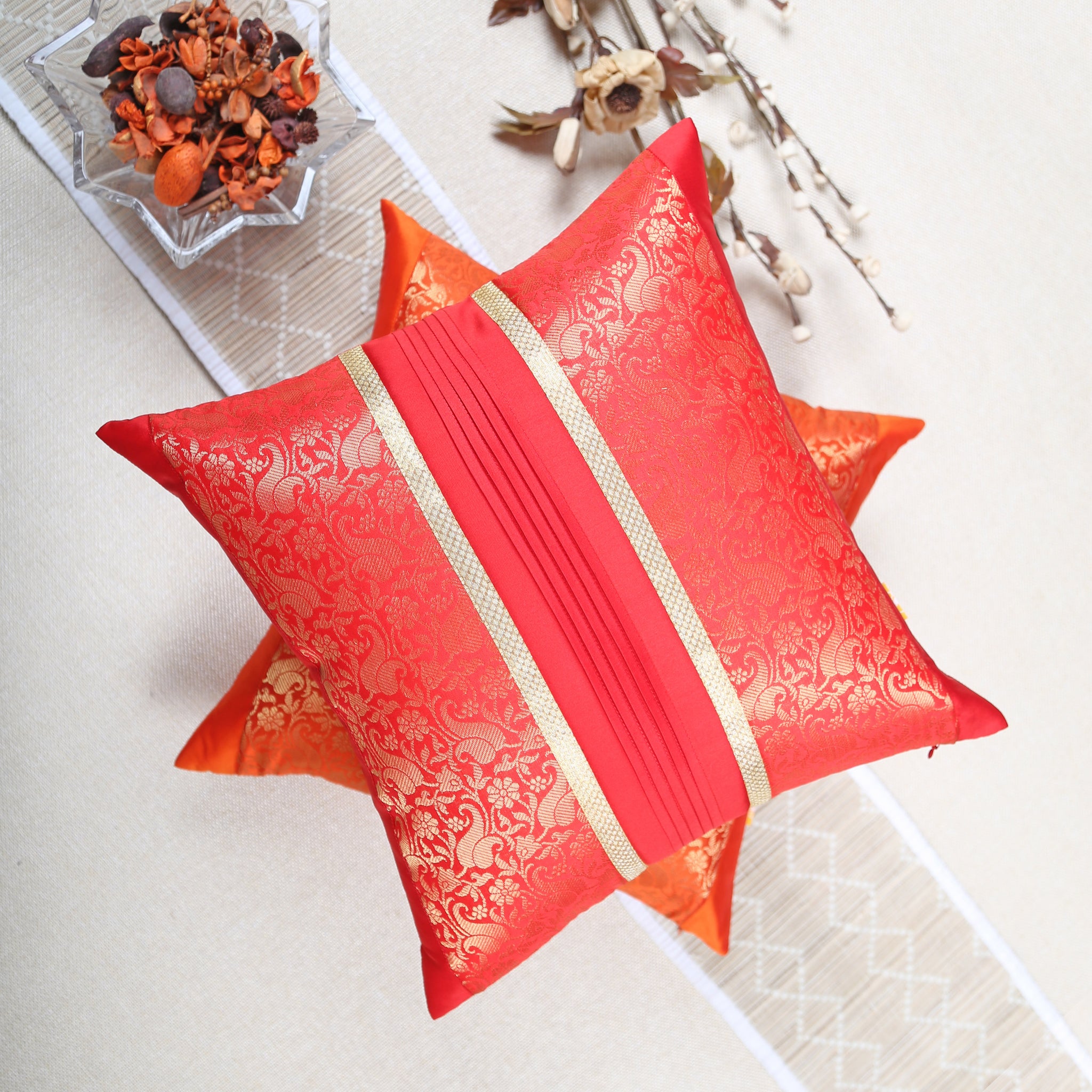 Red & Orange Foliage Brocade Cushion Cover with Pleats, Red & Orange Brocade with Pleats and Gold Highlights, Hidden Closure, Stylish Decorative Cushions (16"x16")