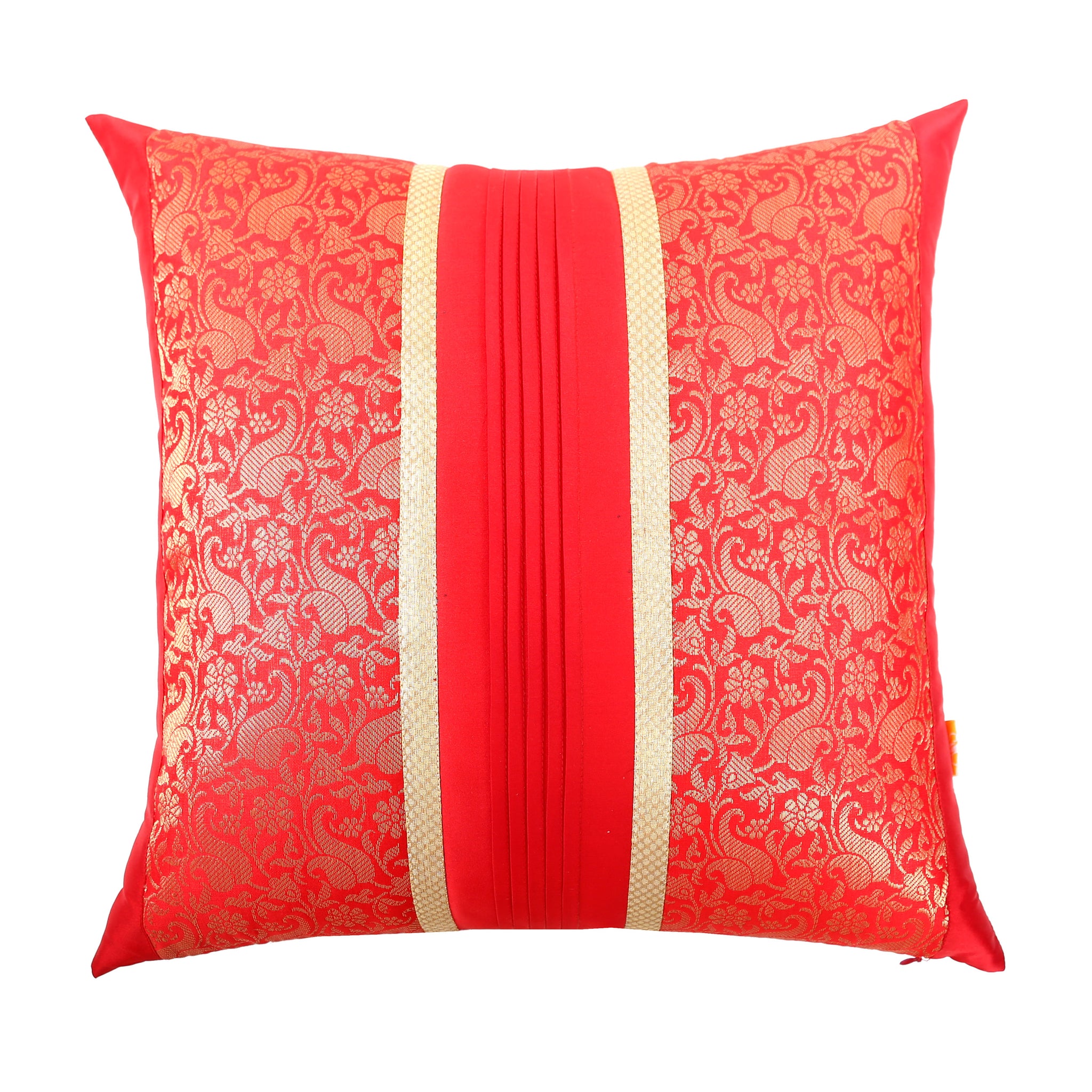 Red Foliage Brocade Cushion Cover with Pleats, Set of 2 pcs, Red Brocade with Pleats and Gold Highlights, Hidden Closure, Sophisticated Home Cushions (16"x16")