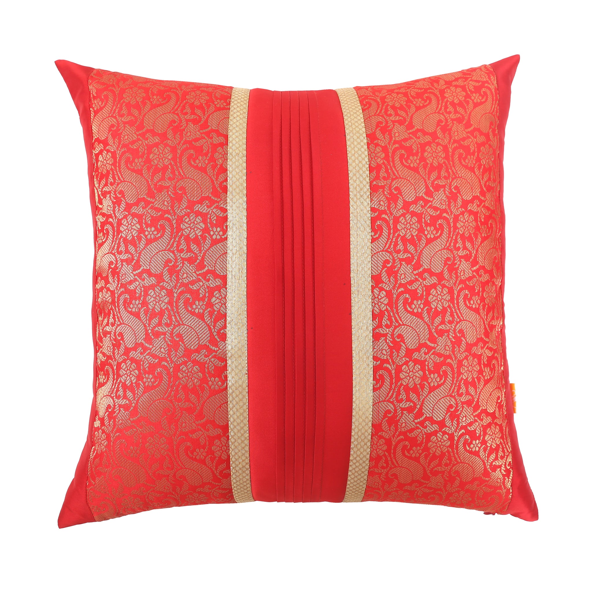 Red & Orange Foliage Brocade Cushion Cover with Pleats, Red & Orange Brocade with Pleats and Gold Highlights, Hidden Closure, Stylish Decorative Cushions (16"x16")