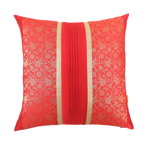 Red & Orange Foliage Brocade Cushion Cover with Pleats, Red & Orange Brocade with Pleats and Gold Highlights, Hidden Closure, Stylish Decorative Cushions (16