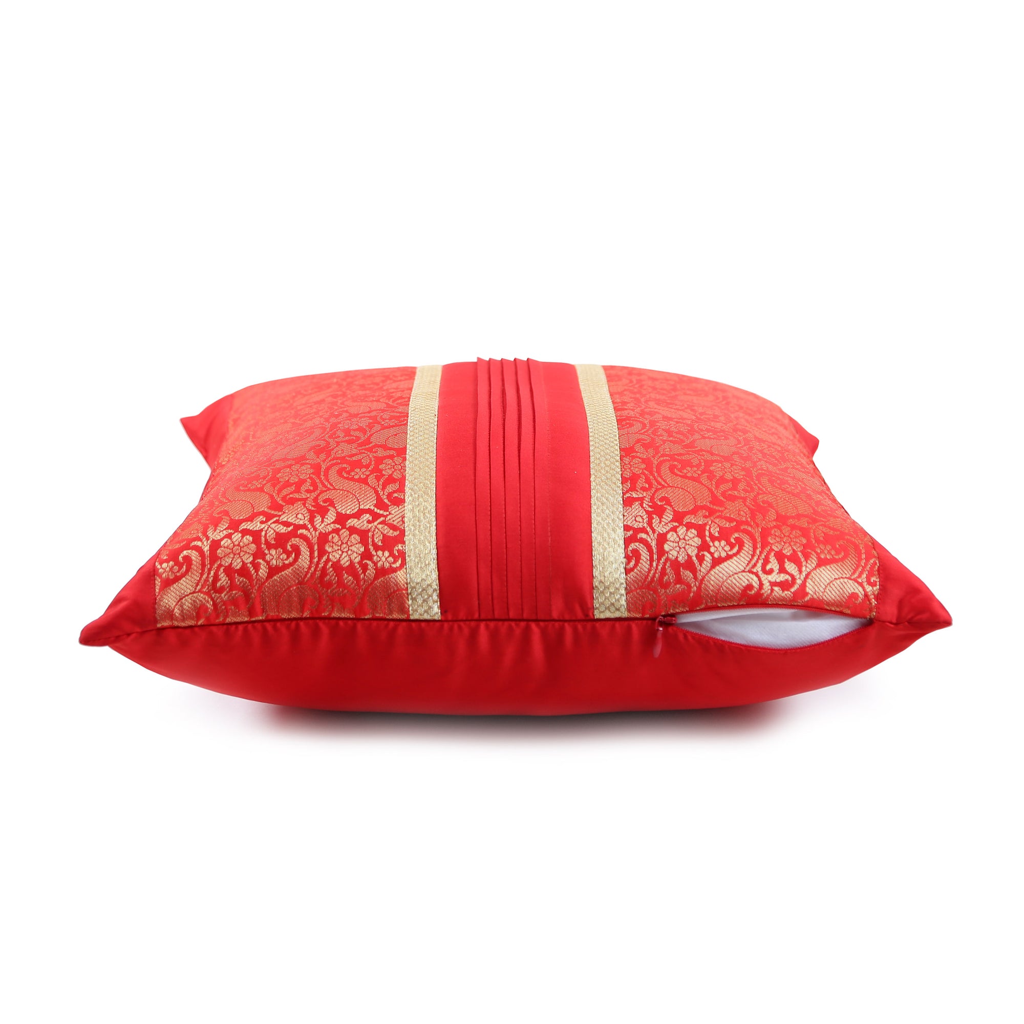 Red & Orange Foliage Brocade Cushion Cover with Pleats, Red & Orange Brocade with Pleats and Gold Highlights, Hidden Closure, Stylish Decorative Cushions (16"x16")