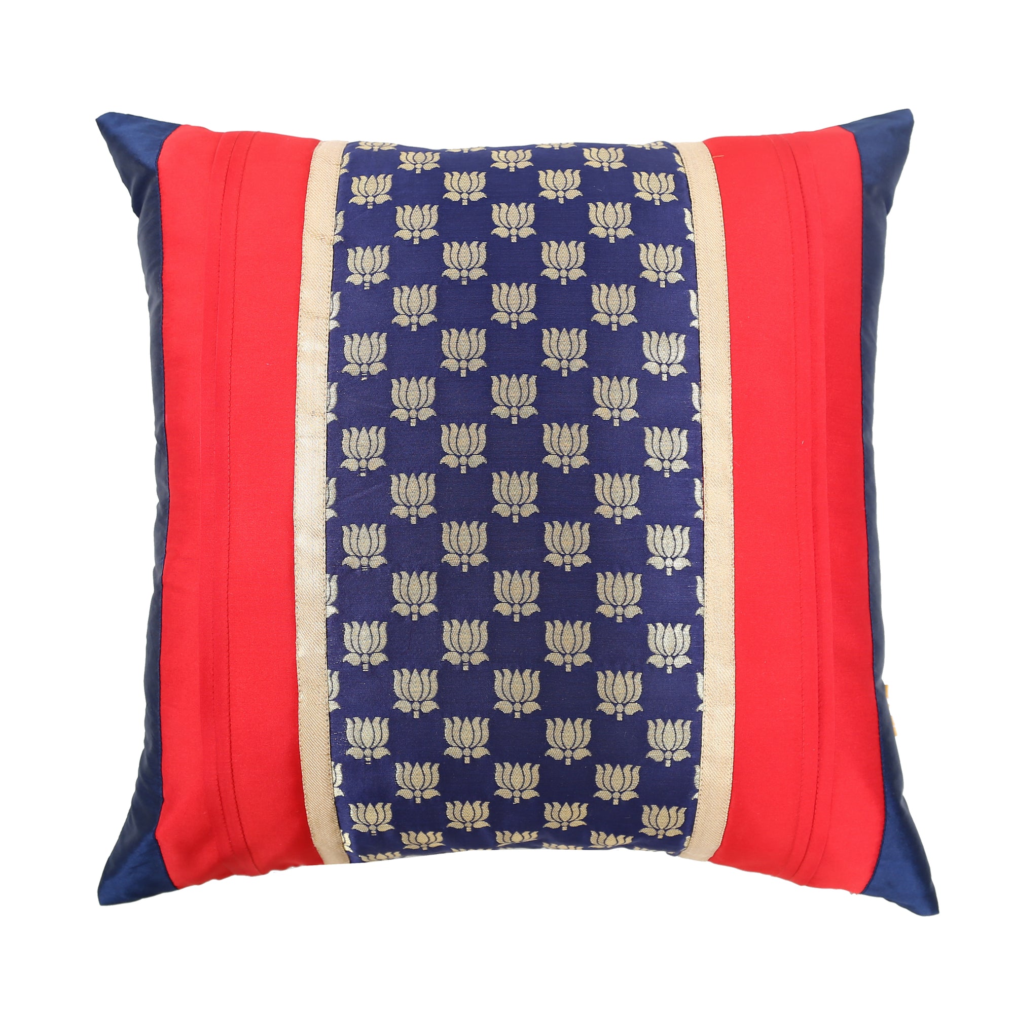 Red & Blue Lotus Brocade Cushion Cover with Pleats, Red & Blue Brocade with Pleats and Gold Highlights, Hidden Closure, Luxury Home Cushions (16"x16")