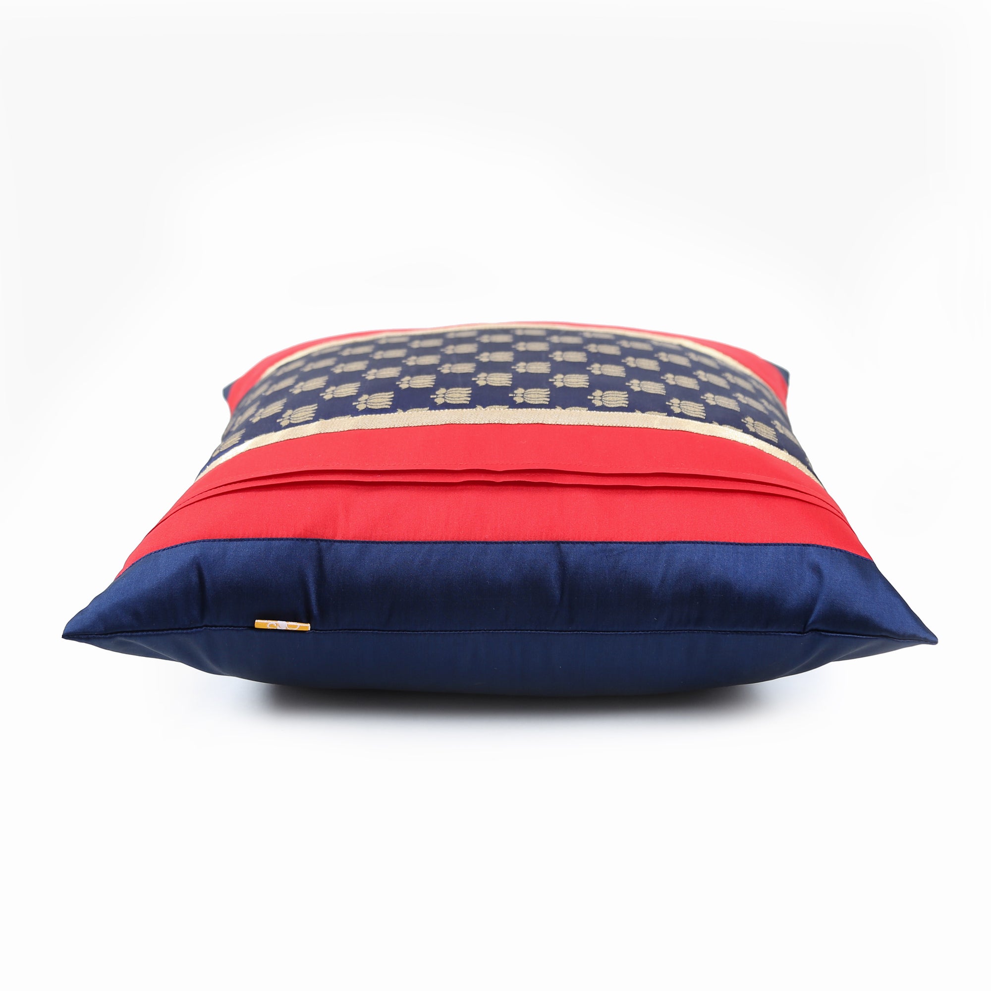 Red & Blue Lotus Brocade Cushion Cover with Pleats, Red & Blue Brocade with Pleats and Gold Highlights, Hidden Closure, Luxury Home Cushions (16"x16")