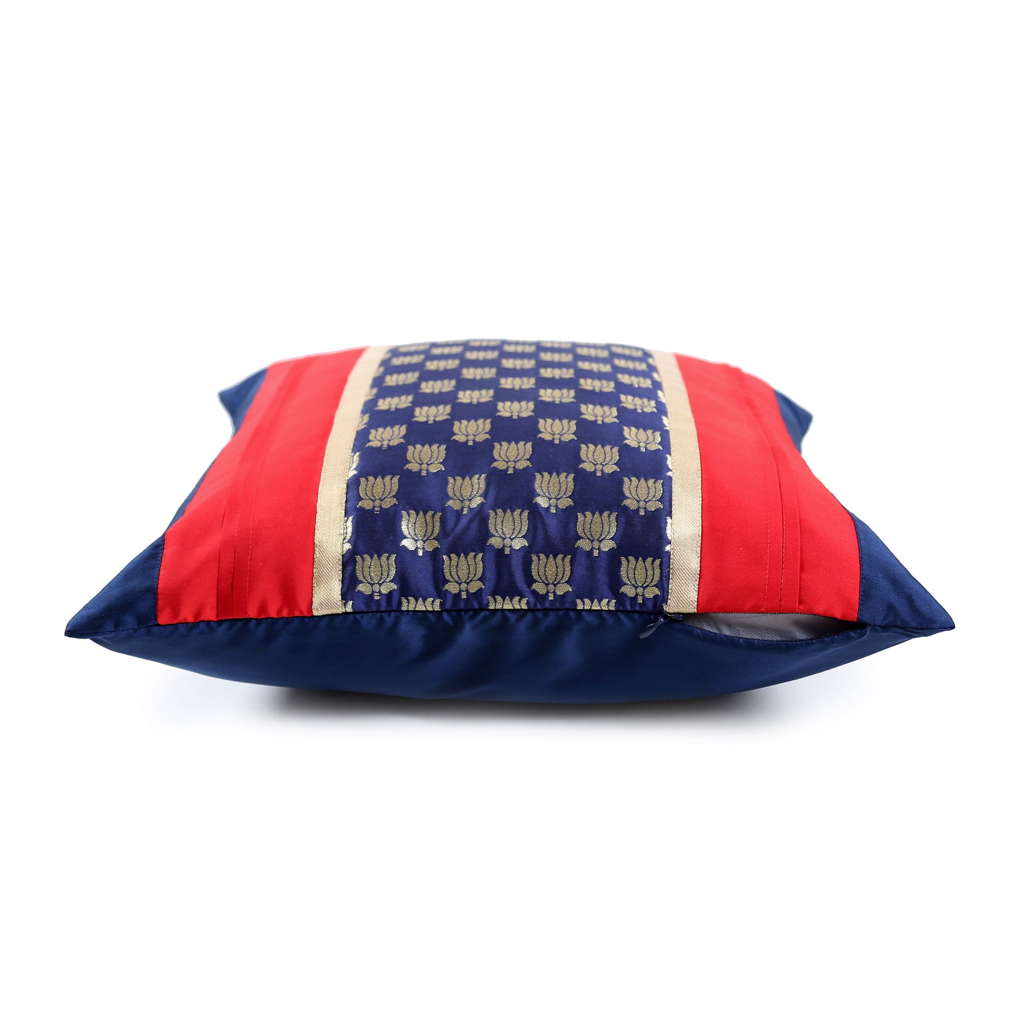 Red & Blue Lotus Brocade Cushion Cover with Pleats, Red & Blue Brocade with Pleats and Gold Highlights, Hidden Closure, Luxury Home Cushions (16"x16")