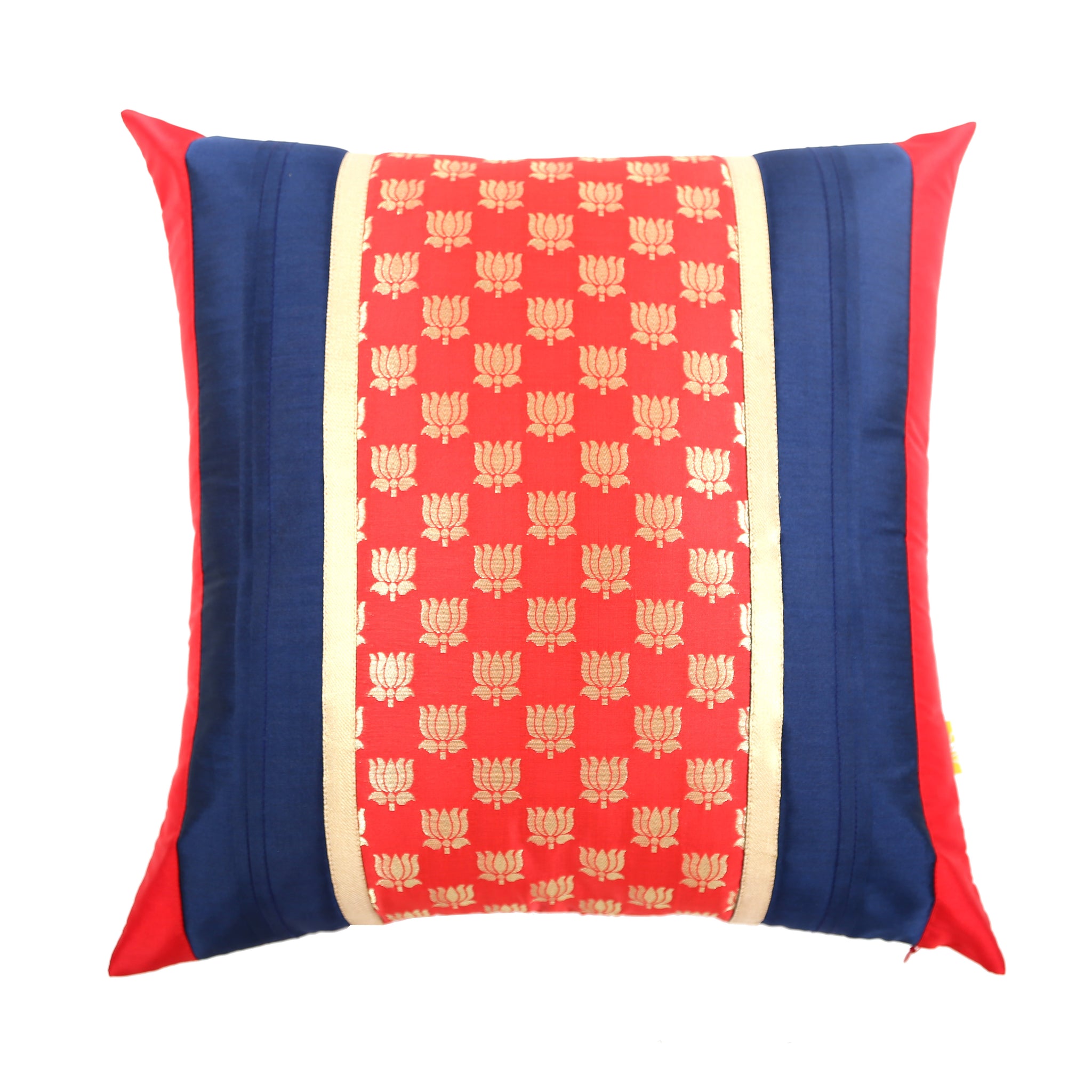 Red & Blue Lotus Brocade Cushion Cover with Pleats, Red & Blue Brocade with Pleats and Gold Highlights, Hidden Closure, Luxury Home Cushions (16"x16")