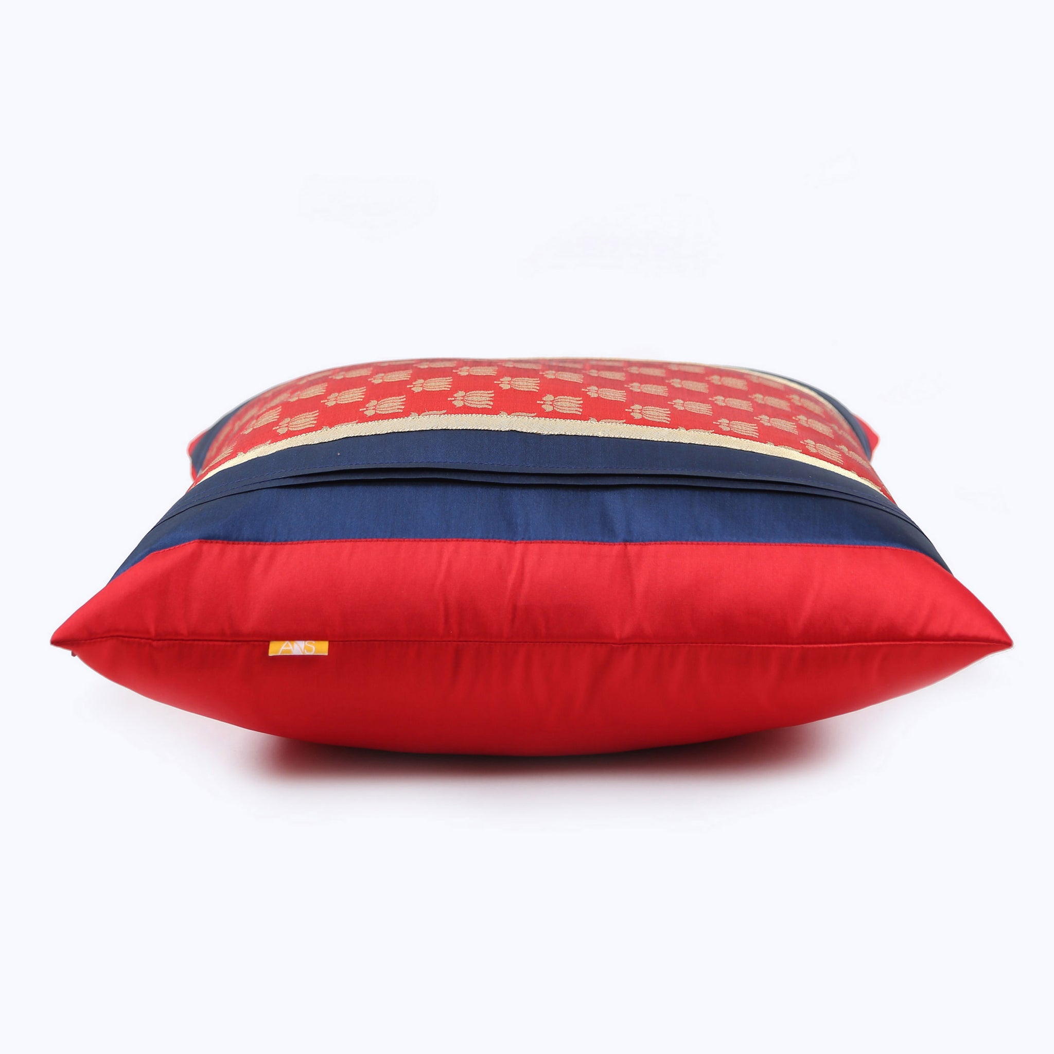 Red & Blue Lotus Brocade Cushion Cover with Pleats, Red & Blue Brocade with Pleats and Gold Highlights, Hidden Closure, Luxury Home Cushions (16"x16")