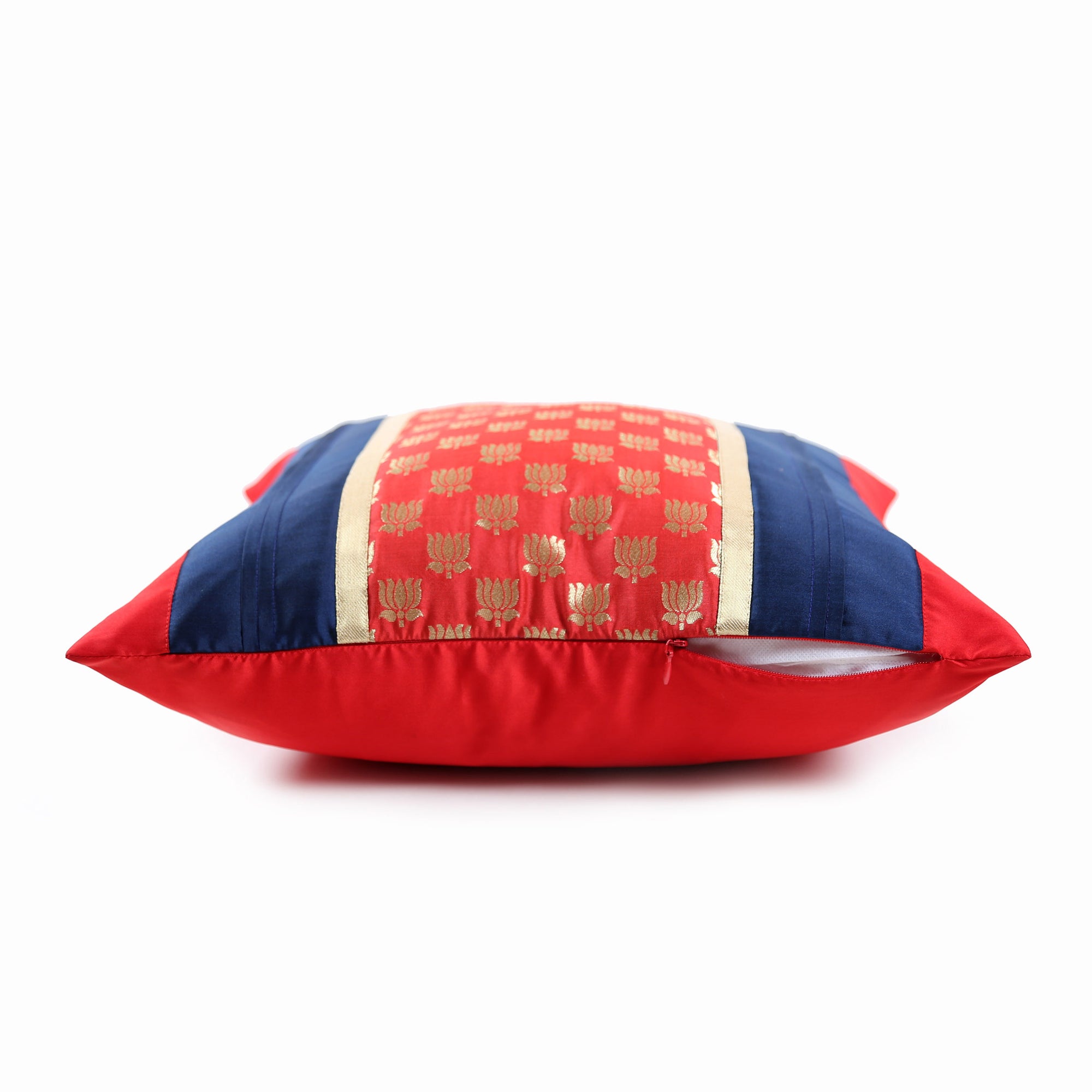 Red & Blue Lotus Brocade Cushion Cover with Pleats, Red & Blue Brocade with Pleats and Gold Highlights, Hidden Closure, Luxury Home Cushions (16"x16")